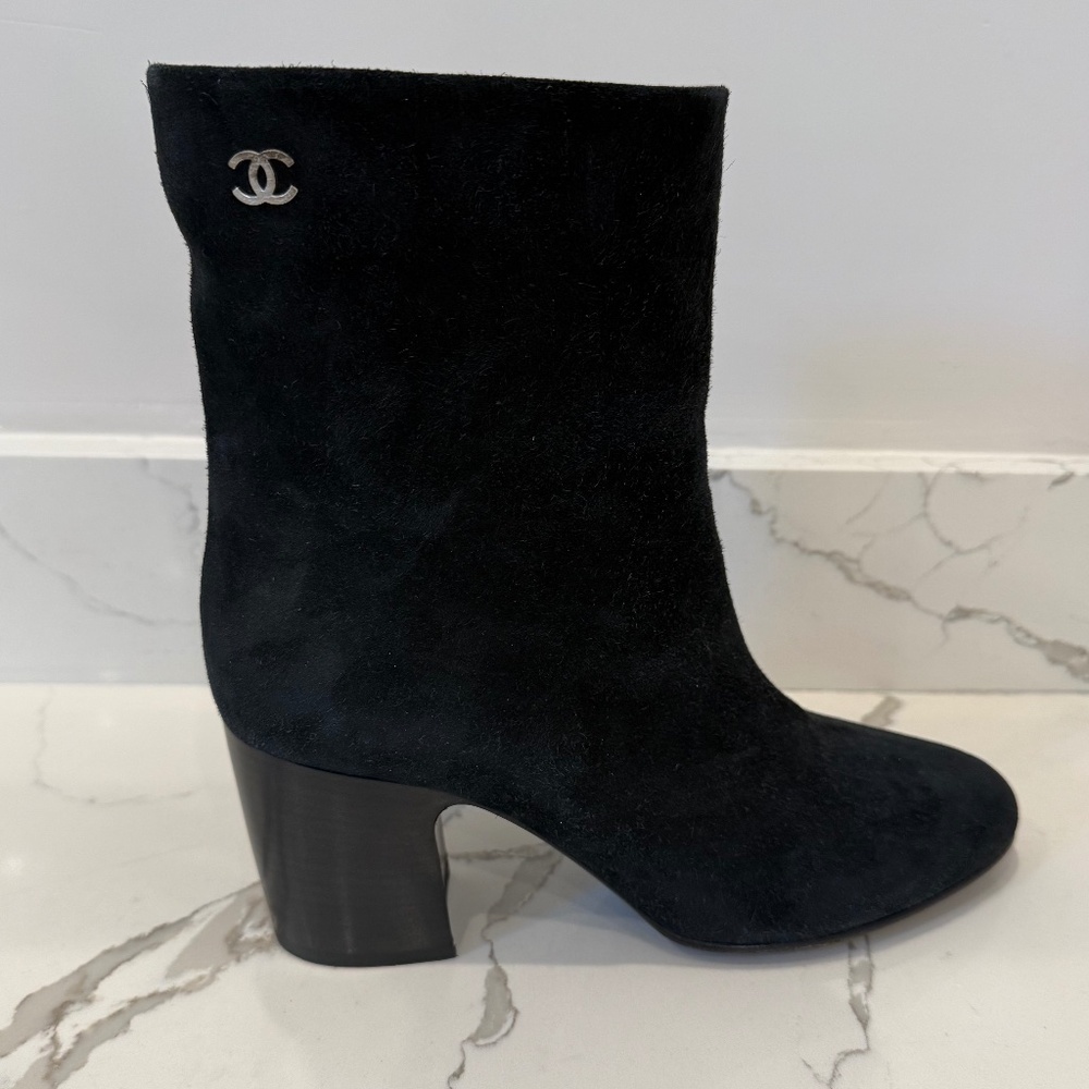Chanel Midnight Blue Suede Short Block Heel Boots, Size 41